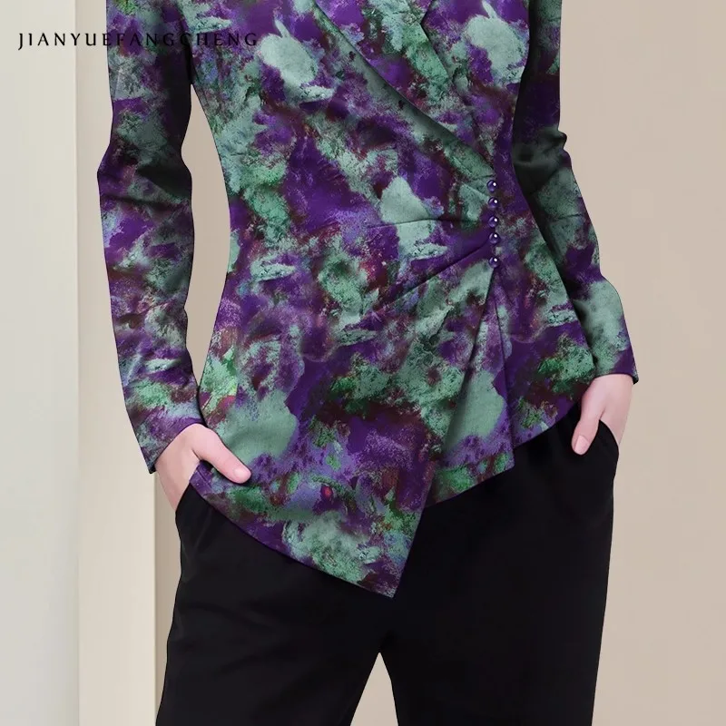 المرأة طويلة الأكمام التلبيب الياقة الأرجواني التعادل مصبوغ بلوزة الساتان نمط خمر غير المتكافئة زر أسفل قمصان الخريف بلايز