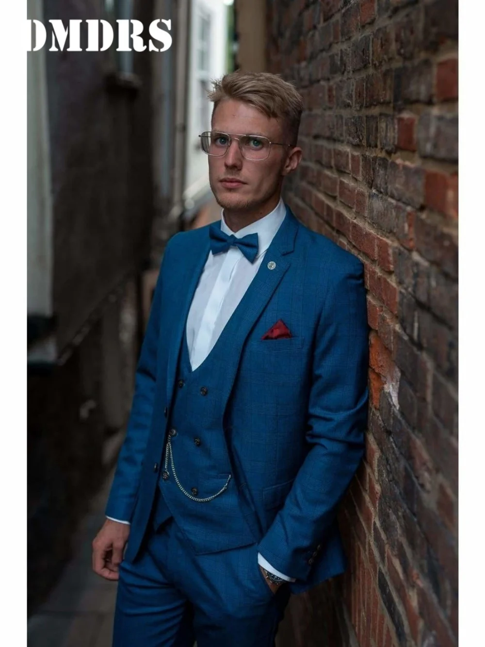 Handsome Men's 3-piece Blue Checked Wedding Suit 2025 Elegant Slim Jacket Vest Pants Business Formal with Bow Tie Accent