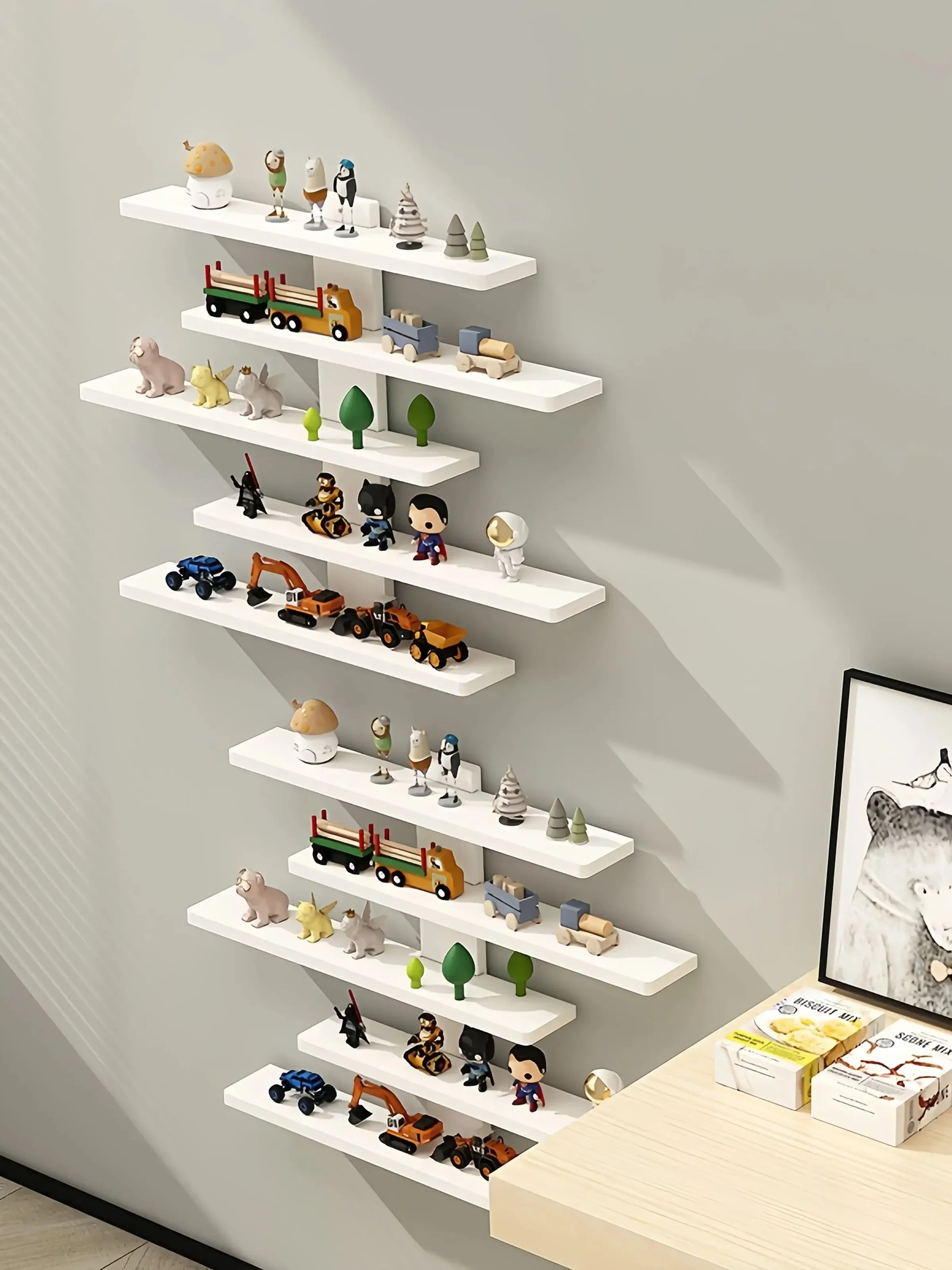 Verstellbarer, an der Wand montierter Präsentationsständer für Action-Puppen, kleine Bausteine und Sammlerstücke – modernes Lagerregal für den Innenbereich – Detail 1