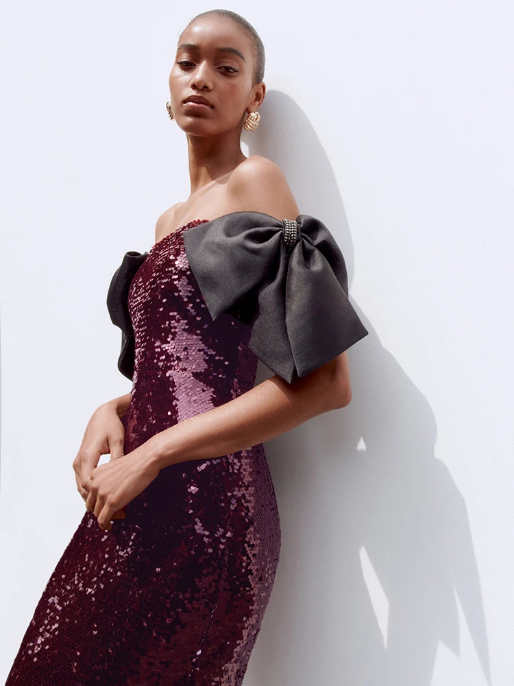 فساتين سهرة أنيقة من VC باللون العنابي مع فيونكة سوداء - فستان بدون أكتاف لحفلات الكوكتيل بطول الأرض للحفلات الراقصة #3