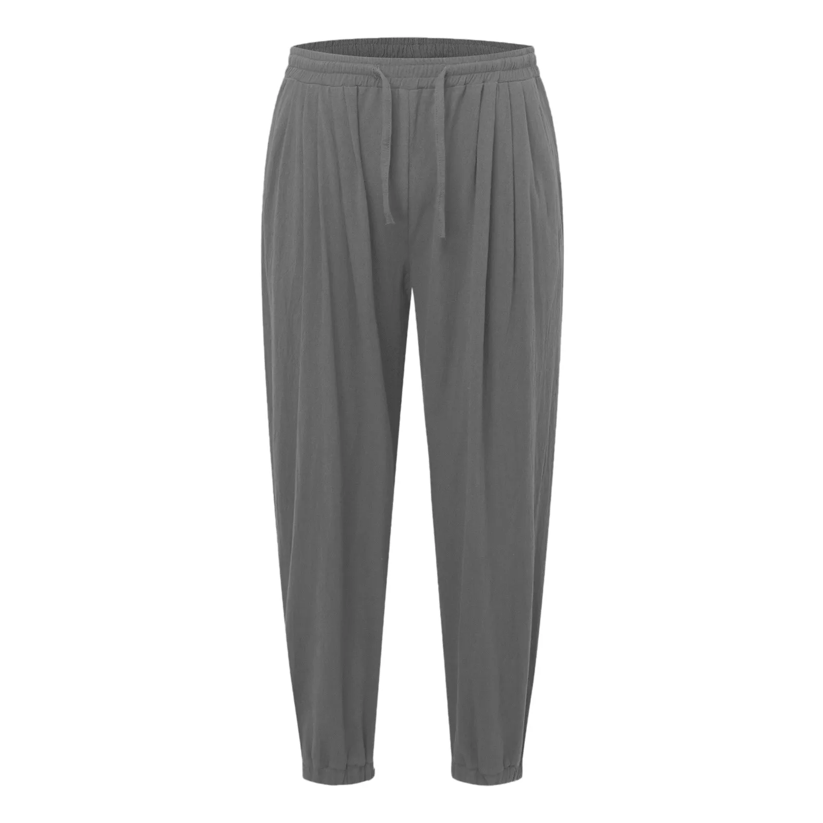 Calça de linho para homens, cintura elástica, praia com cordão, calça casual cônica, calção de natação com cordão