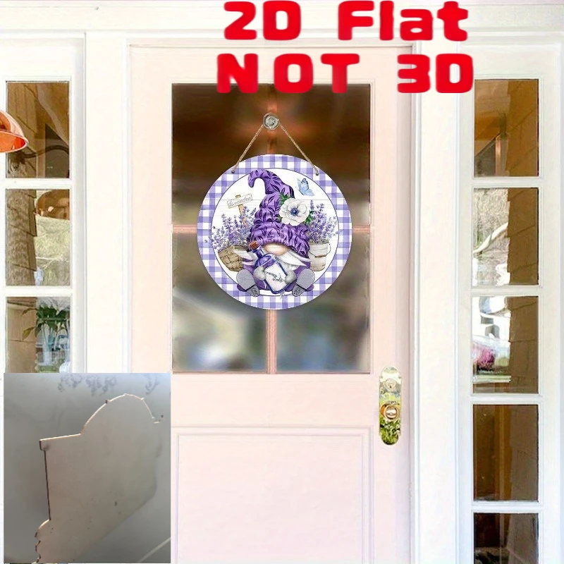 2D Flat, Pendants, Drops & Finials, Lavender Gnome Welcome Sign - Purple Buffalo Check Wooden Door Hanger, with Floral And Butte