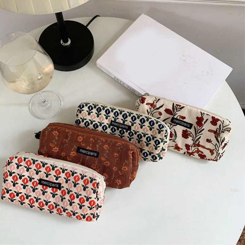 

Women Corduroy Flower Cosmetic Bags Travel Brush Lipstick Storage Case Female Makeup School Stationery Pencil Cases