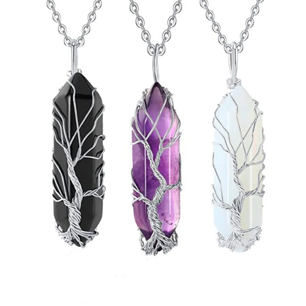 

Tree of Life Wire Wrapped Hexagonal Quartz Crystal Points Pendant Natural Stone Reiki Healing Necklace Jewelry for Women and Men