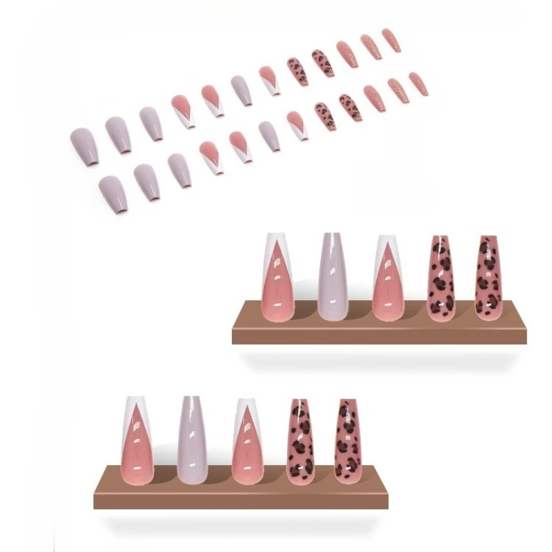 24pcs French Leopard Print Press on Nail Long Square Shape Artificial Fake Nails Seamless Removable False Nail