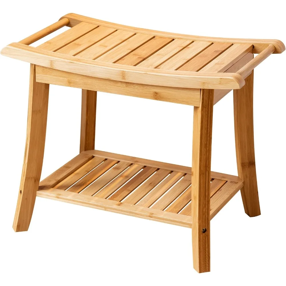 

Bamboo Shower Bench Stool with Storage Shelf Waterproof Shower Chair Spa Bath Seat Excellent for Indoor Use Natural