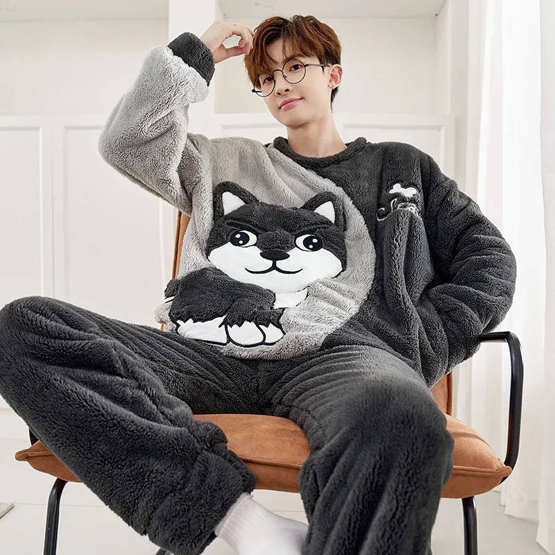 2024 New Winter Plus Size Long Sleeve Thick Warm Flannel Pajama Sets For Men Korean Cute Cartoon Sleepwear Homewear Home Clothes