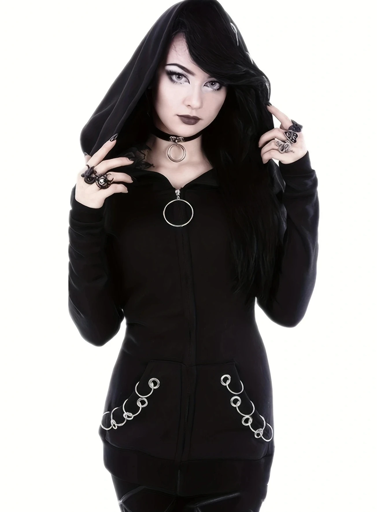 المرأة القوطية البريدي هوديي الشرير كامل البريدي الصلبة الأسود طويلة الأكمام مقنعين البلوز خمر التطريز الشارع الشهير كل موسم عارضة #1