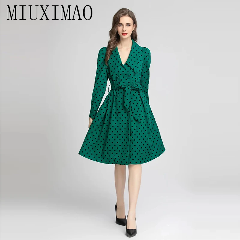 

MIUXIMAO 2022 High Quality Autumn&Winter Elegant Dress Long Sleeve Lapel Wave Point Belt Fashion Knee Length Dress Women Vestide