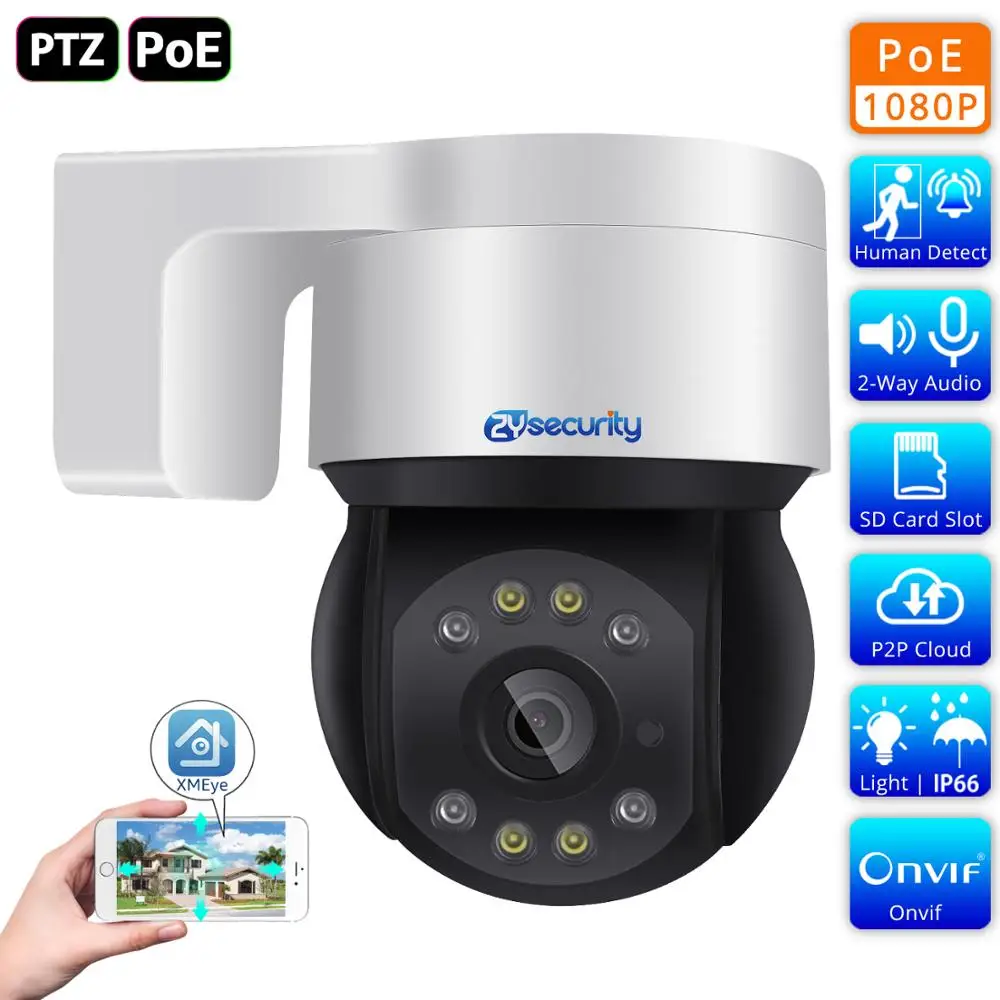 New 1080P PoE IP PTZ Camera Outdoor Two Way Audio SD Card Slot Human Detect Color Night Vision Speed Dome Camera CCTV