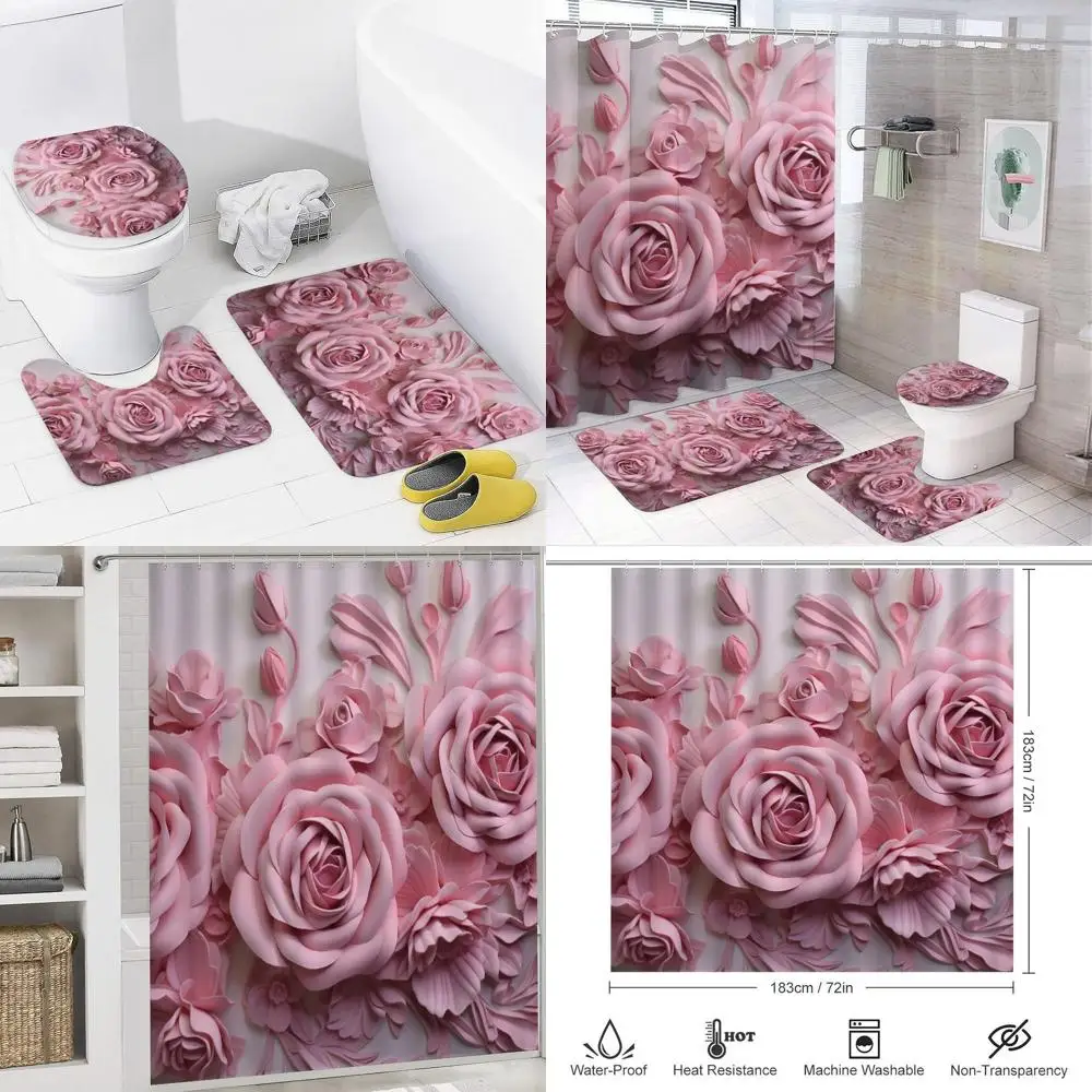 

4-Piece Pink Rose Bathroom Set: Waterproof Polyester Shower Curtain, Non-Slip Rug, Toilet Cover, Bath Mat, 12 Hooks Included