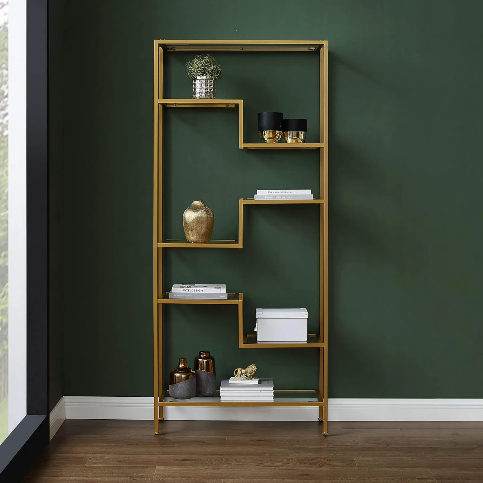 US Sloane Bookshelf with Glass Shelves, Bookcase Storage, Gold