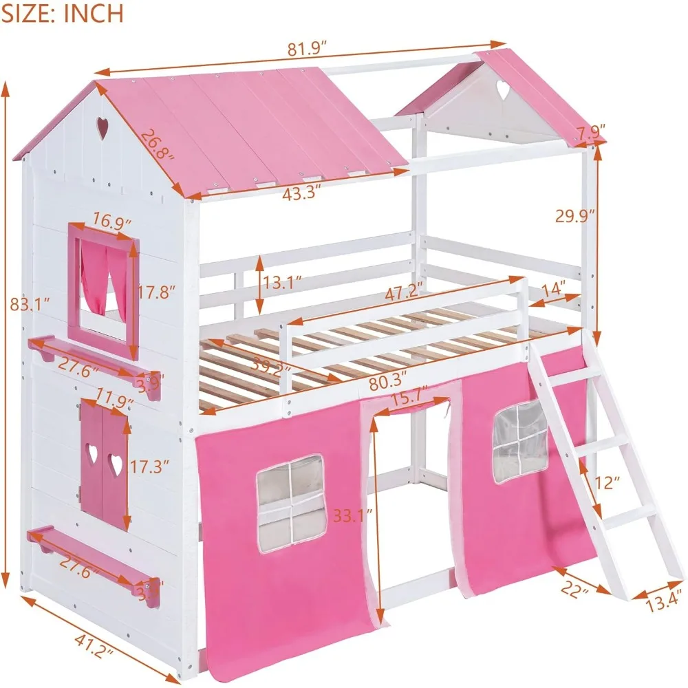 House Twin Loft Bunk Bed with Tent, Kid Loft Bed with Ladders Guardrail Windows and Roof, Wood Twin Over Twin Playhouse Bunk Bed