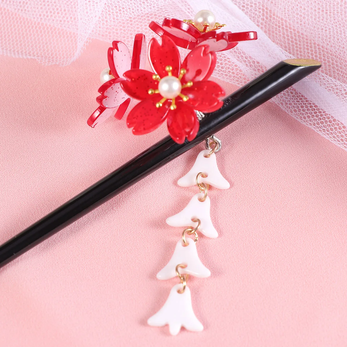

Red Acrylic Cherry Blossom Hairpin Tassel Fringed Vintage Floral Accessory for Women Girls Elegant Design Wedding Anniversary