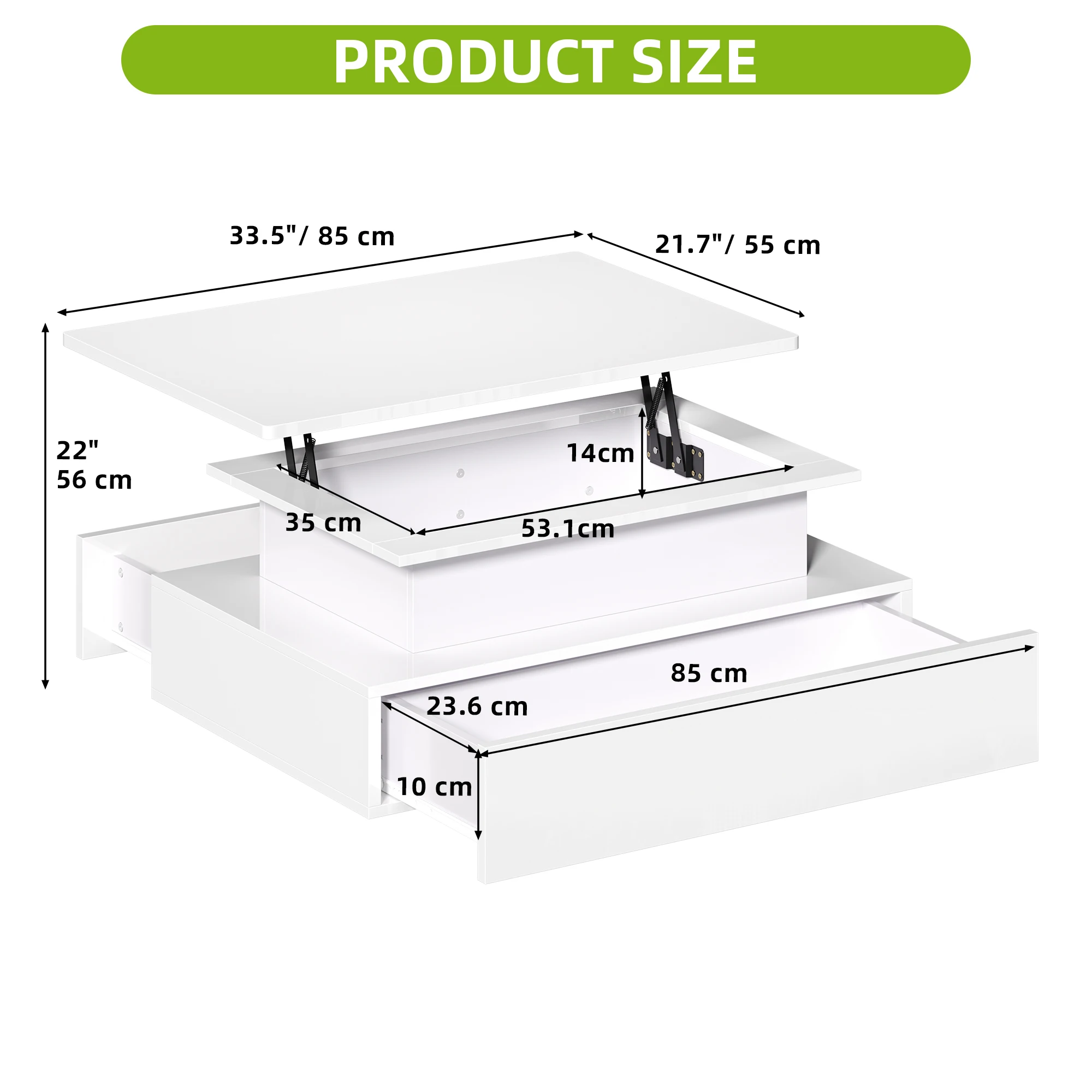 Balconera Lift-Top Coffee Table - Modern Rectangular with 16 Color LEDs & 2 Drawers, Elevated Surface with Lighting