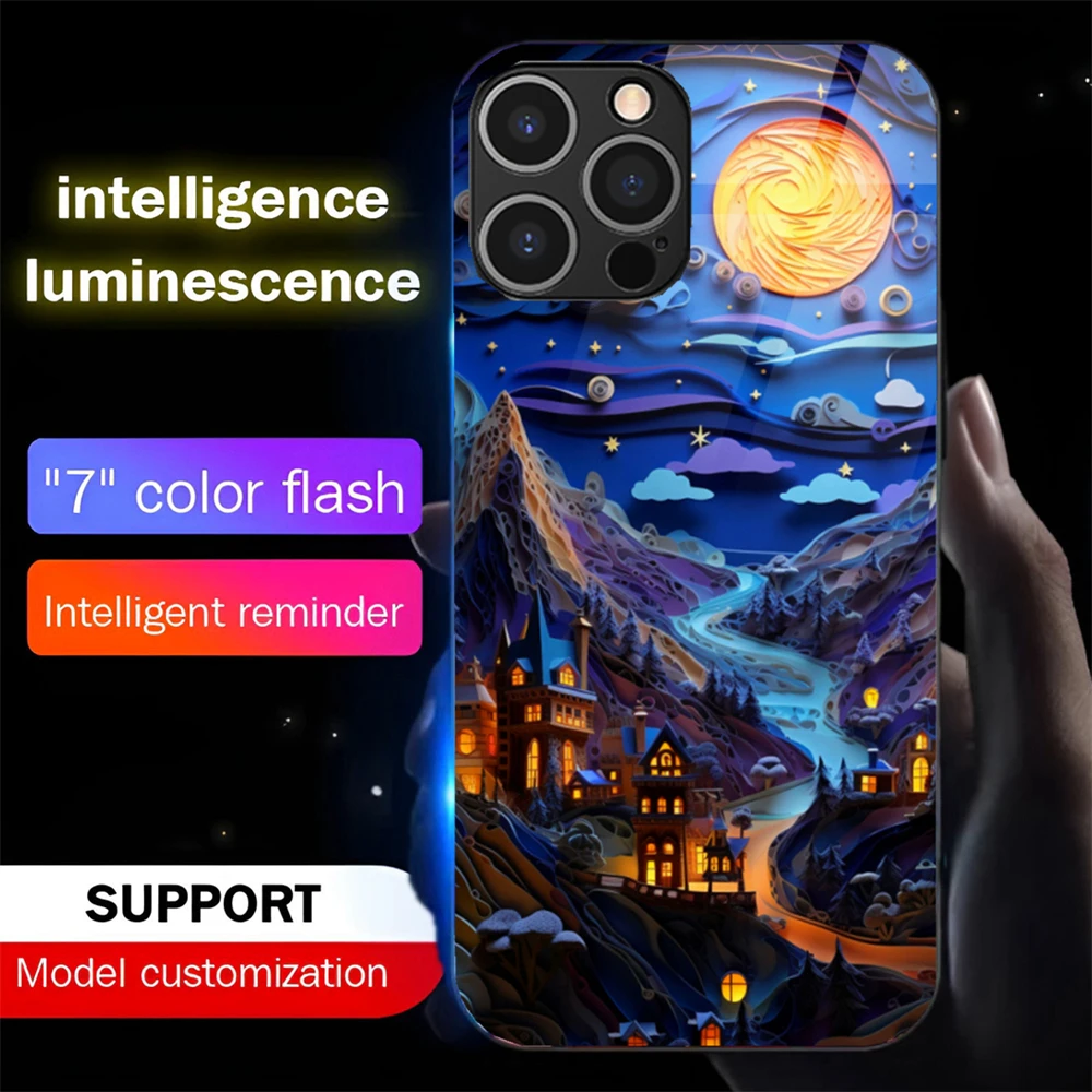 

Japanese Landscape Led Light Phone Case Call Flash Glitter Cover For iPhone 16 E 15 14 13 12 11 Pro Max X XS XR Plus SE