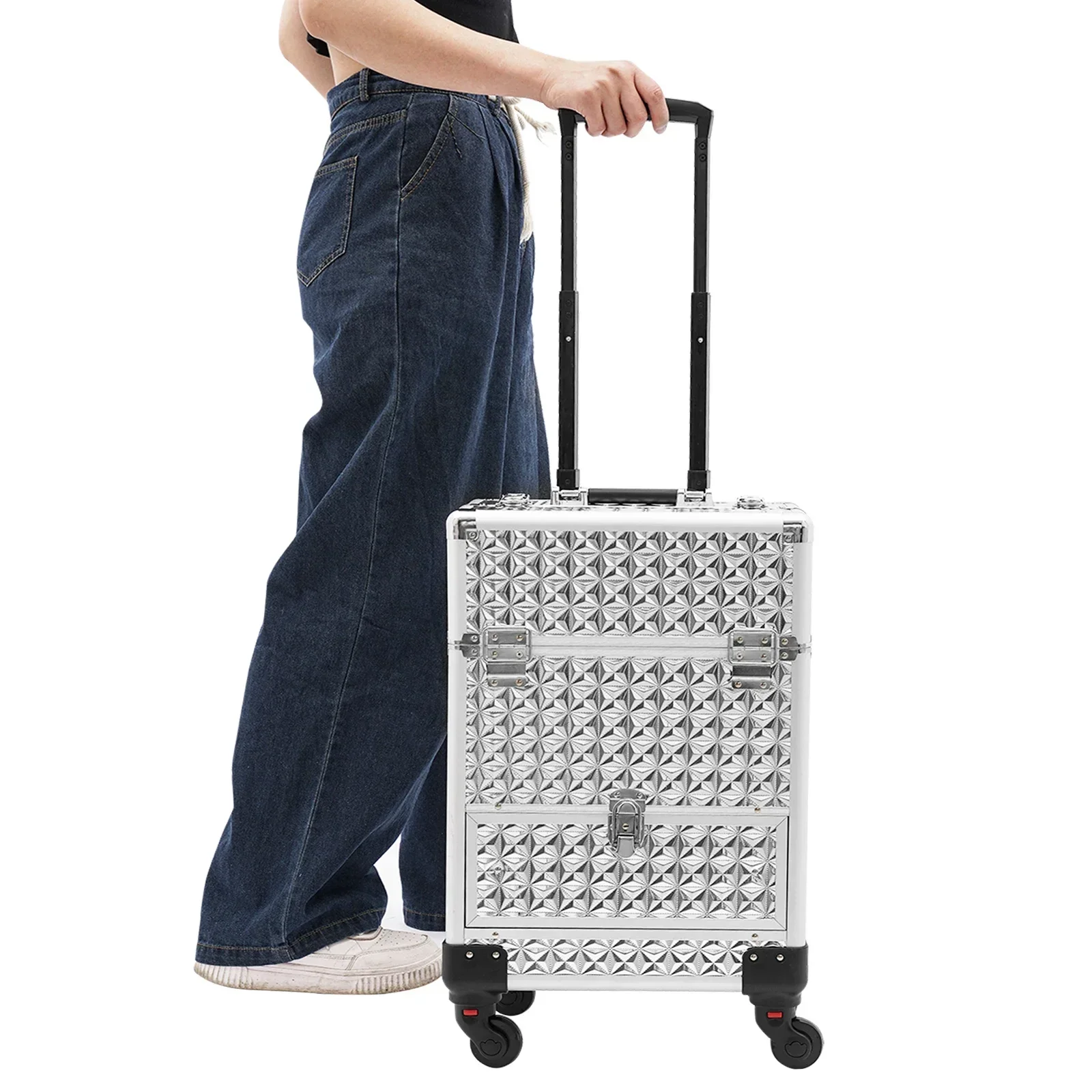 Estuche de almacenamiento para manicura y maquillaje rodante, carrito de maquillaje con 4 ruedas universales, maletines profesionales de aluminio para cosméticos con cerradura