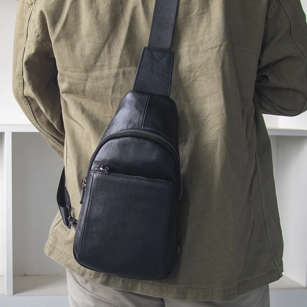 Bolso de pecho de cuero genuino para hombre, bandolera Tipo Vertical, informal, elegante