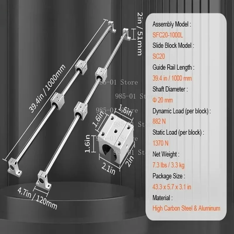 High load-bearing linear guide rails with slide blocks, SFC16/SFC20, 1000/2000mm, for CNC routers, lathes and mills