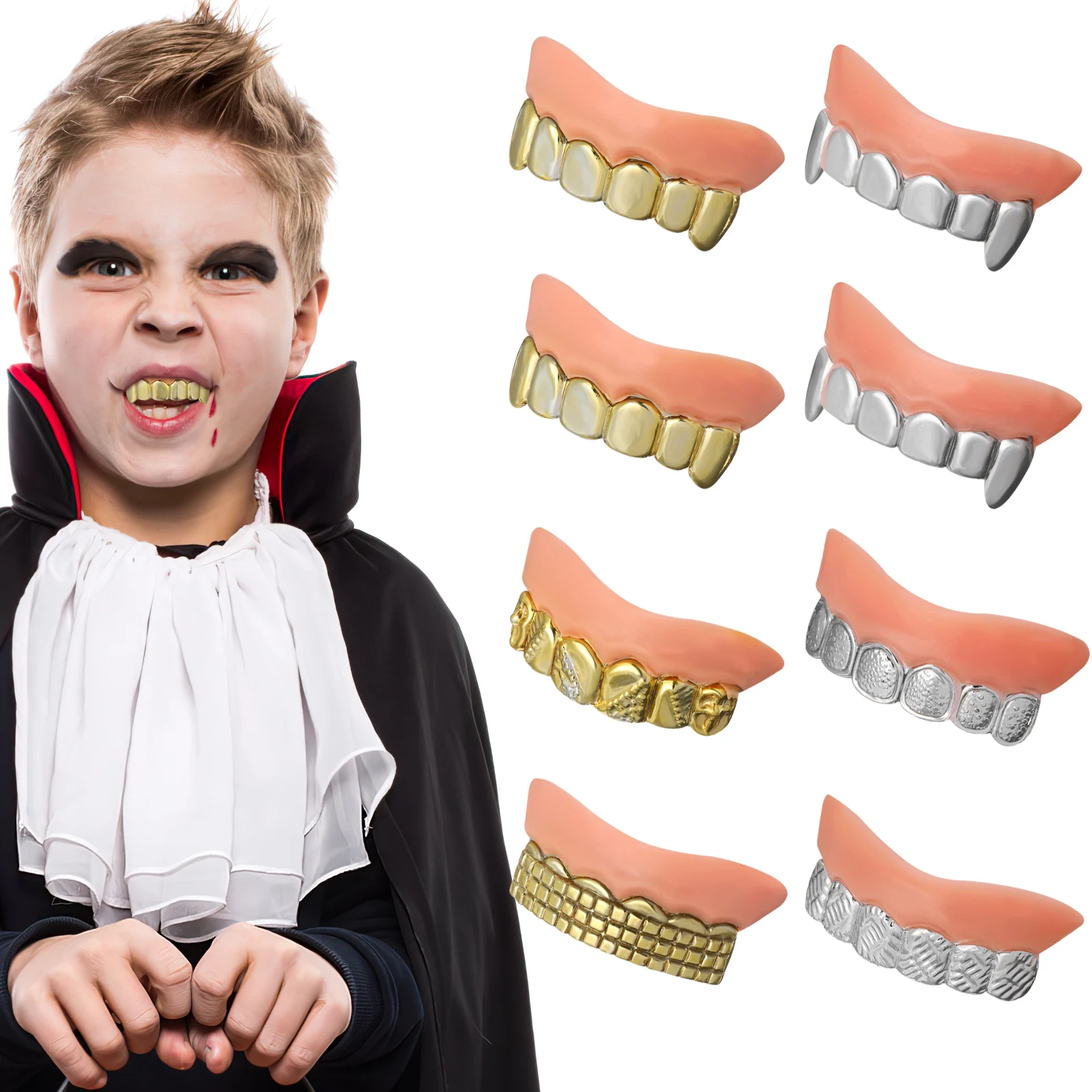 

8pcs Simulation Electroplated Gold Silver Dentures Zombie Fake Teeth Zombie Fangs Vampire Fake Teeth Halloween Costume Props