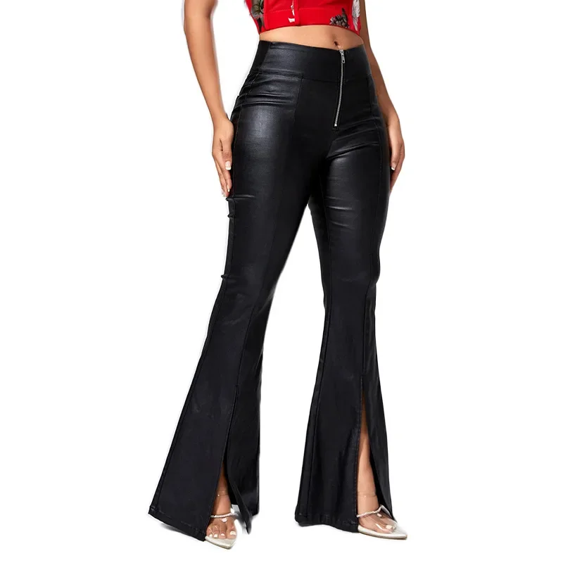 Casual Streetwear Women Punk Gothic Black PU Leather Pants High Waist Bandage Skinny Slim Flared Trousers Women Clothing