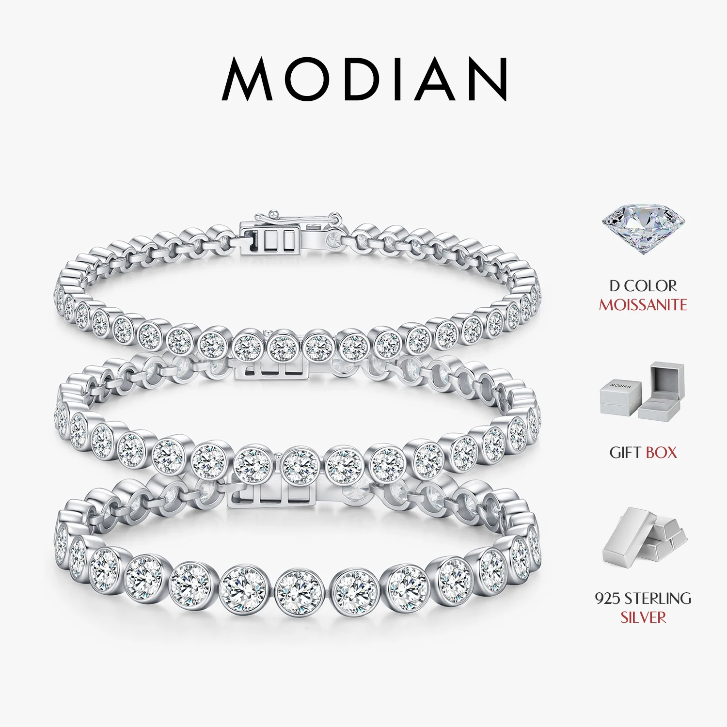 MODIAN 925 Sterling Silver Trendy 3MM-5MM Round Moissanite Stackable Tennis Bracelets For Women Fine Jewelry Gifts