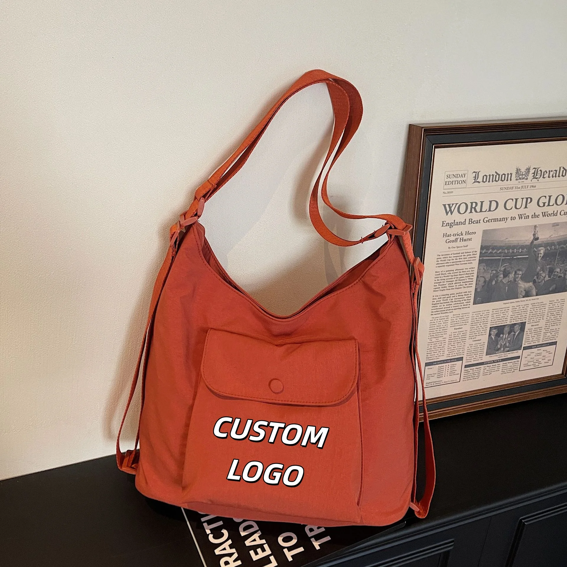 Custom Logo Nylon Hobo Crossbody Bag Large Capacity Snap Button Front Pocket Adjustable Shoulder Strap Casual Shopping Tote Bag