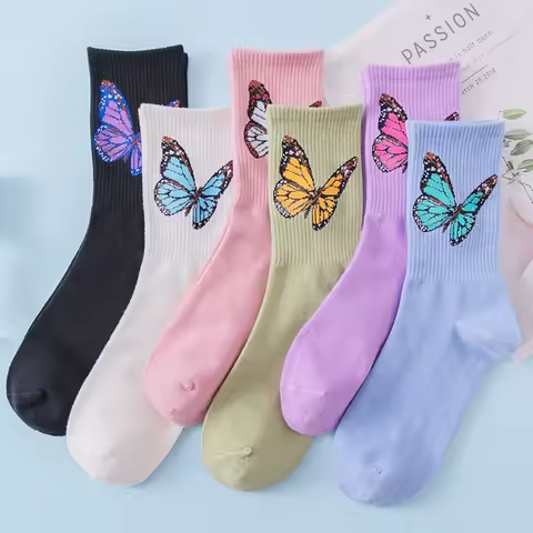 Women Butterfly Socks Streetwear Harajuku Kawaii Stripe Fashion Ankle Funny Middle tube Girl Socks