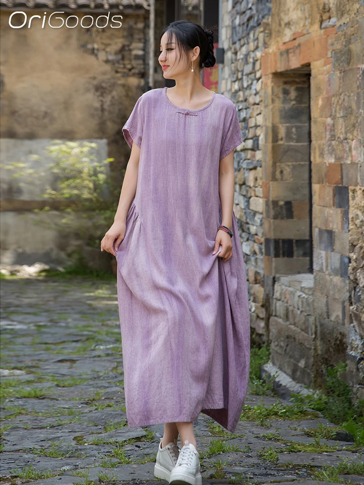 

OriGoods Vintage Elegant Summer Dress Women 2025 New Sleeveless Long Dress O-neck Pockets Large Hem Linen Cotton Dress B308