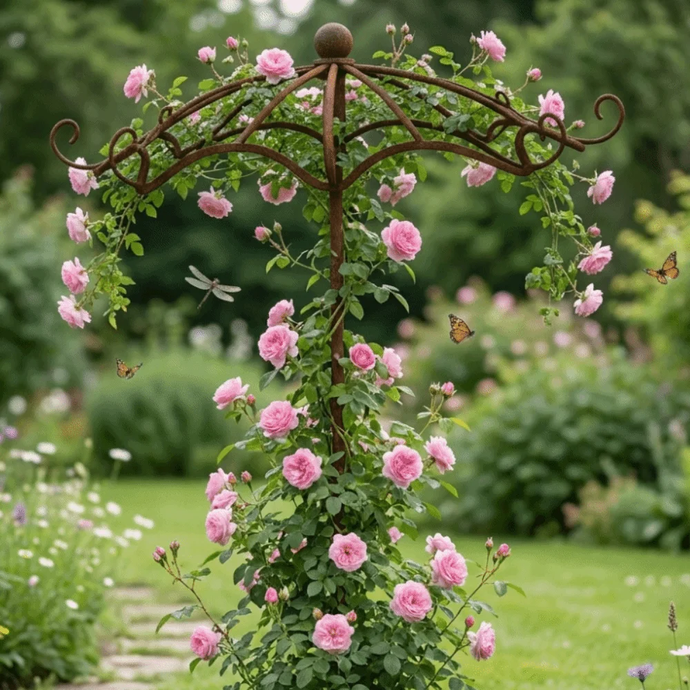 Retro Rusted Umbrella Shape Plant Support Pile Prevent Tipping Over Weather-Resistant Bonsai Fixing Rod Iron Detachable