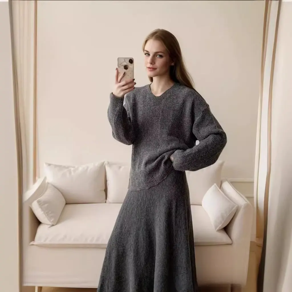 

Женский свободный вязаный костюм, свитер с круглым вырезом в европейском и американском стиле и юбка «рыбий хвост», осенне-зимняя мода