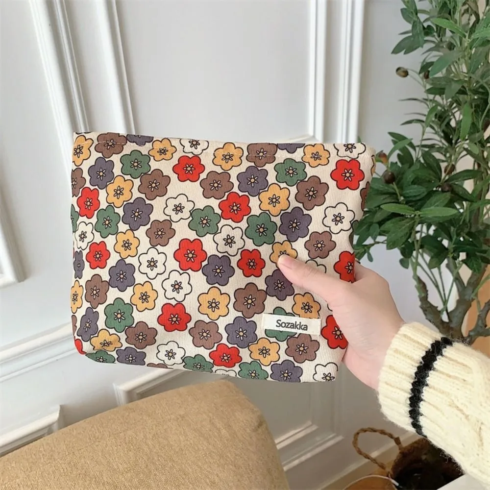 

Fashion Vintage Corduroy Cosmetic Bag Flower Handbag Zipper Storage Bag Convenient Portable Toiletry Bag Girls