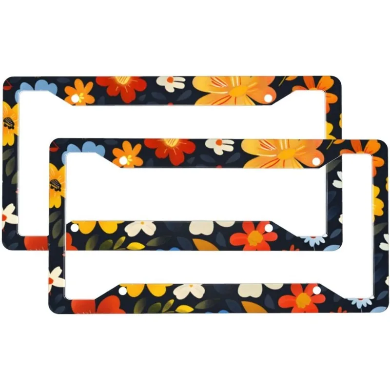 2D Flat Colorful Flowers Print License Plate Frames for Women Men 2 Pack Universal Aluminum Car License Plate Cover Holders