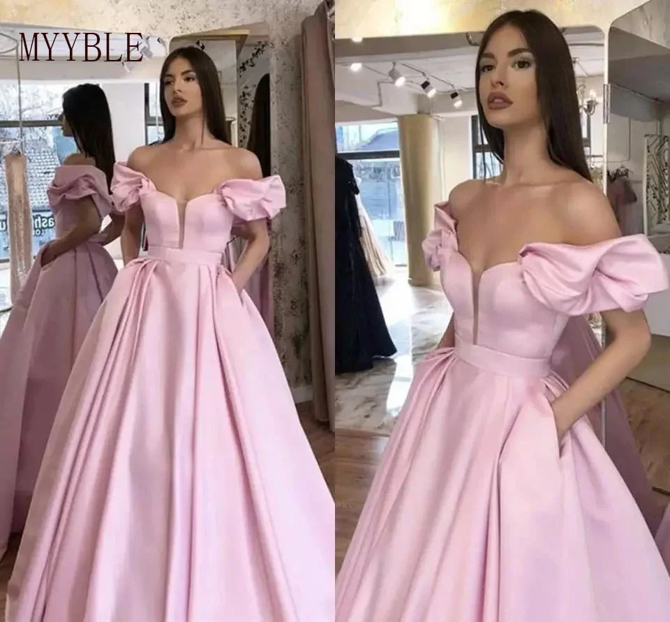 

Elegant Simple Custom Made Pink A Line Evening Dresses Long Off Shoulder 2023 Satin Floor Length Formal Dress Prom Party Gowns