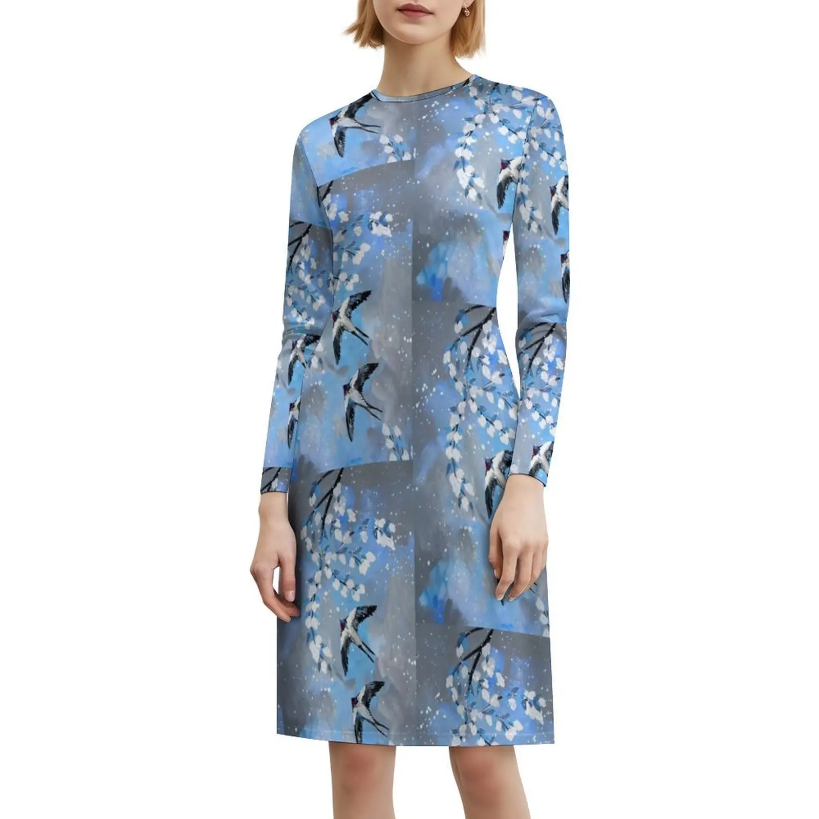 Swallows On Blue And Gray Women's Elegant Party Dress A-Line Dress With Short/Long/Sleeveless Options Swallows Bluebirds Blue