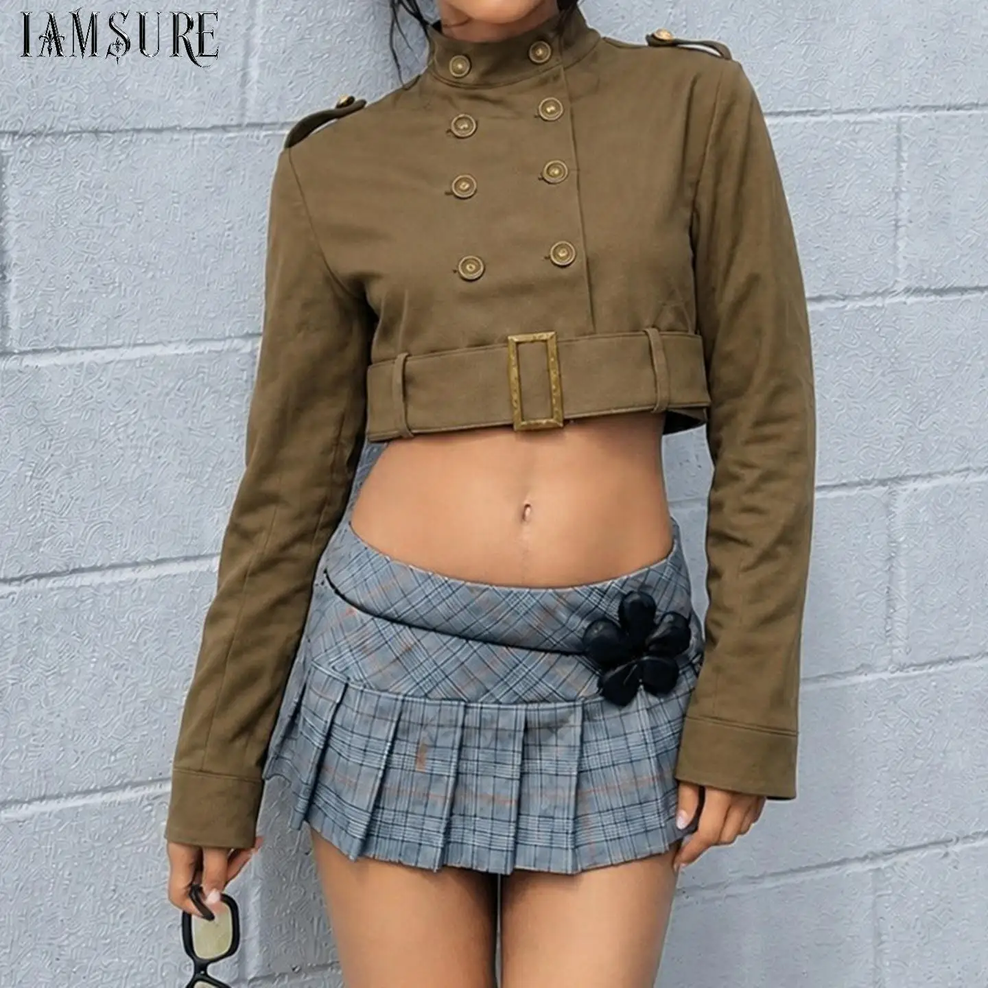 Women Solid Slimming Cropped Jacket Double Breasted Stand Collar Belted Shoulder Strap Long Sleeve Vintage Cropped Outerwear New