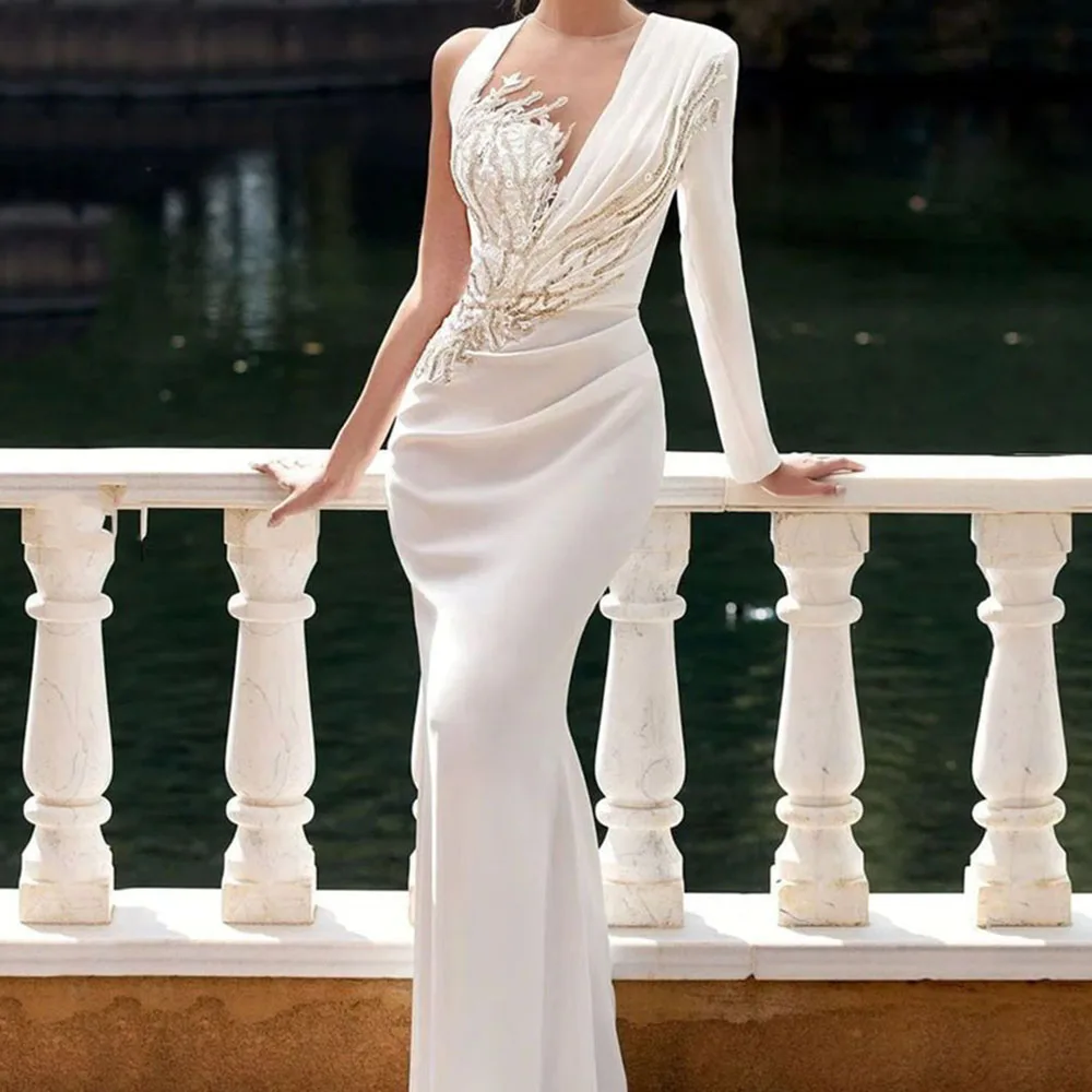 High-end White Mother of the Bride Dresses One Shoulder Full Sleeve Sweetheart Sequined Mermaid Women Banquet Prom Gowns