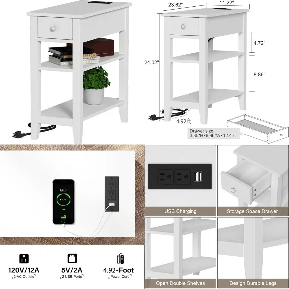

White 3-Tier Slim Nightstand with Charging Station, USB Ports, Power Outlets, and Hidden Drawer for Small Spaces