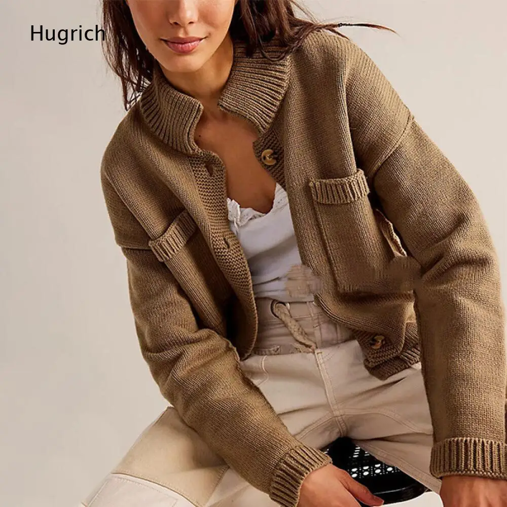 Black Distressed Raw Hem Knit Cardigan Women Stand Collar Long Sleeve Button Front Chest Pocket Relaxed Fit Daily Coat