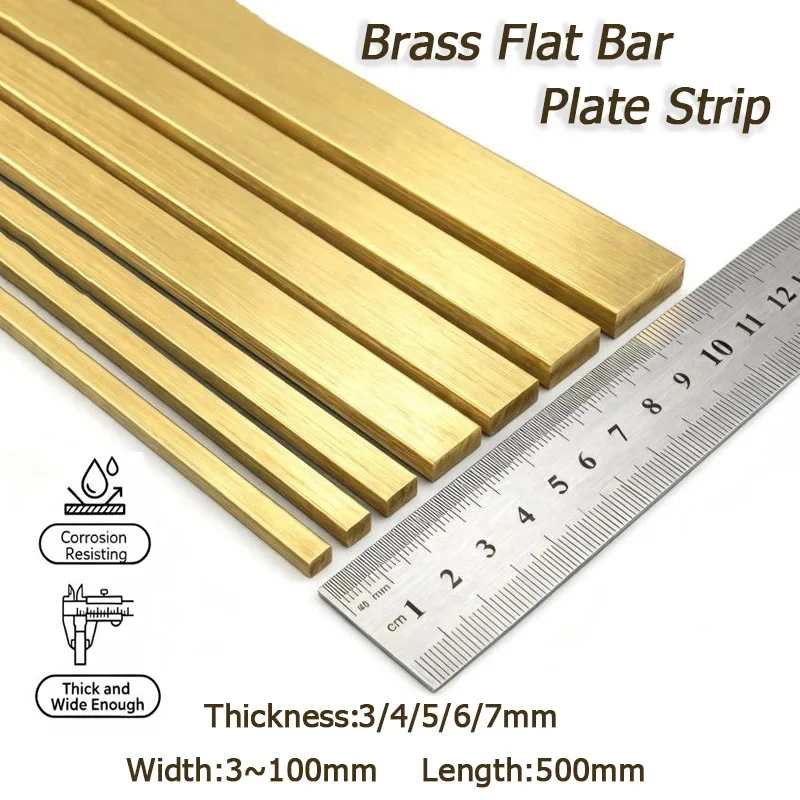 1pcs Length 500mm Brass Flat Bar Plate Strip Thicknesses 3~12mm copper alloy Solids part DIY handmade Fastener Metal Material
