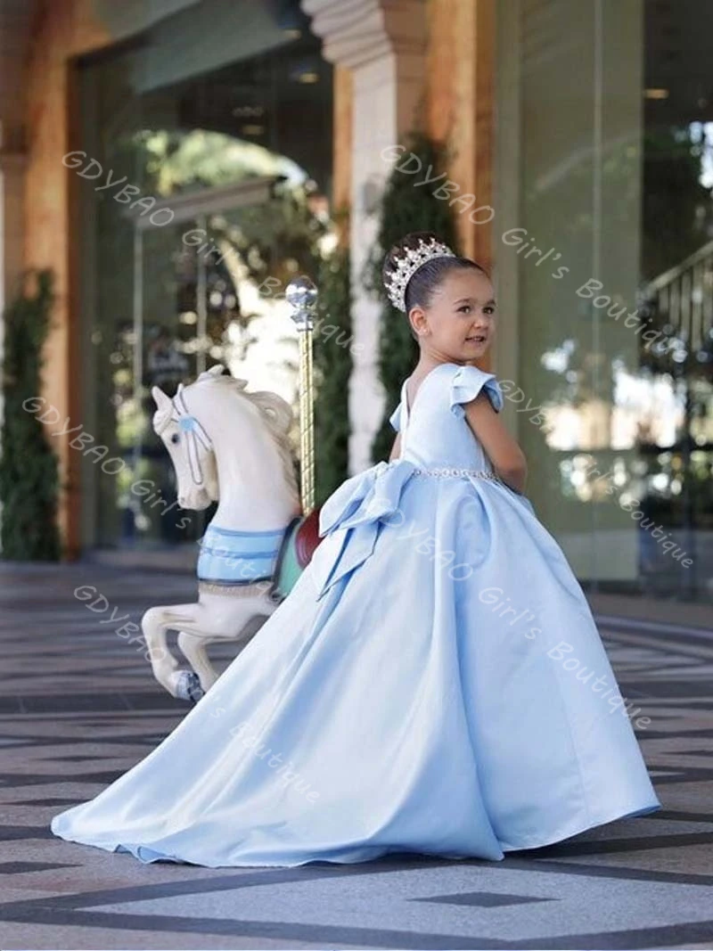 웨딩용 비즈 장식 새시 새틴 리본 공주 드레스, 맞춤형 어린이 성찬 파티 볼 가운, 캡 슬리브 플라워 걸 드레스