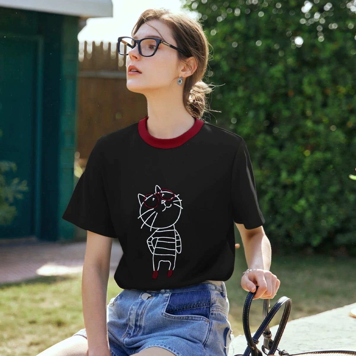 OLrain Women's Summer 2026 Graphic T-Shirts Black Round Neck Female Short Sleeve Cartoon Contrasting Woman Clothing O57XT98028