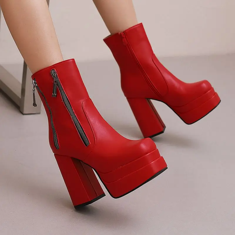 REAVE CAT Fashion Women Ankle Boots Toe Chunky Heels 12cm Platform 5cm 49 50 Sexy Party Booties