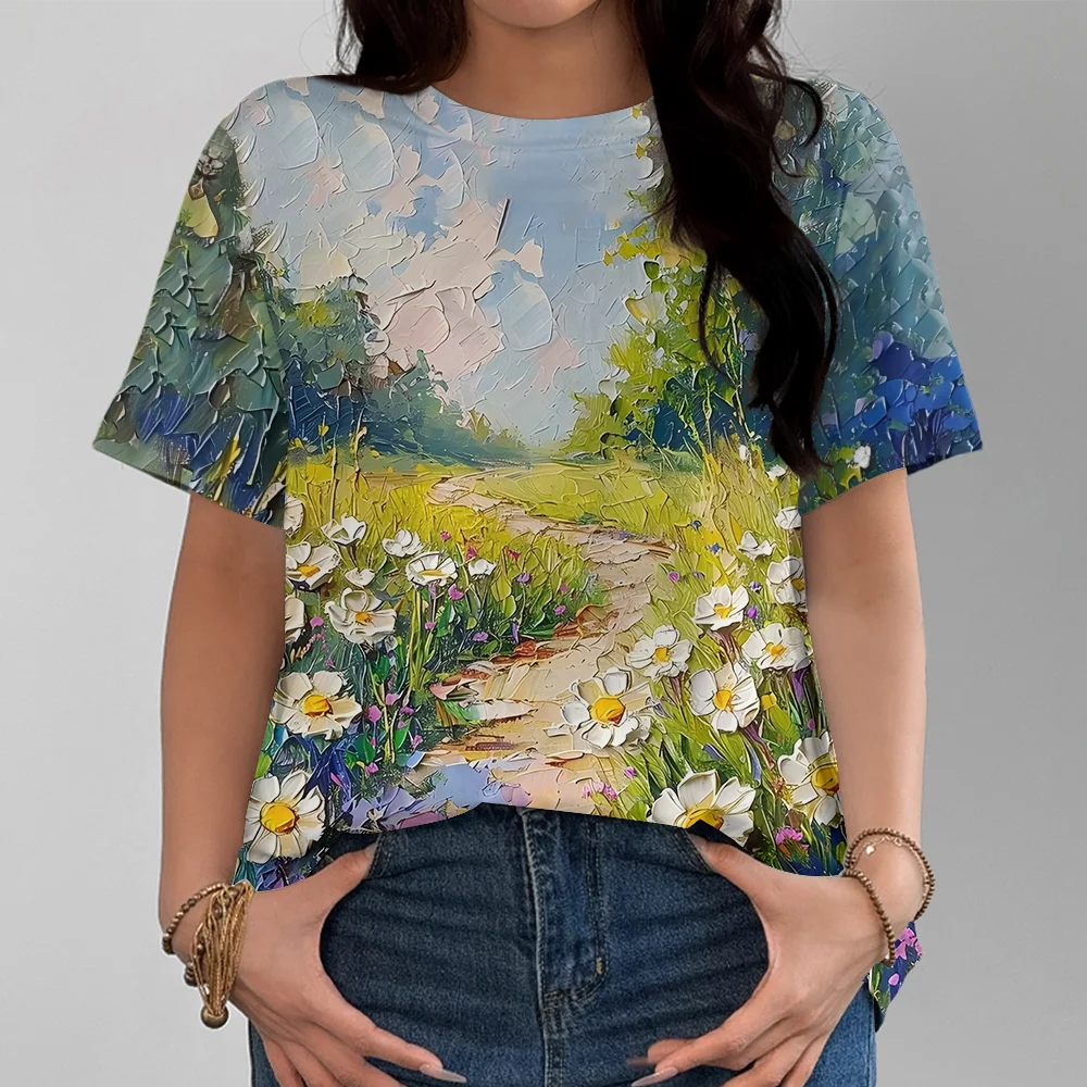 

Hand Drawn Oil Painting Style Printed Women's T-shirt - Artistic Natural Style Casual Fashion Comfortable Summer Short Sleeve