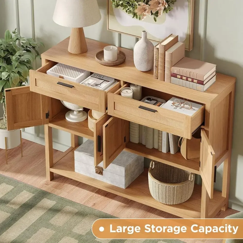 Large Storage Entryway Console Table, Rattan Cabinet Sofa Side Table, Versatile Living Room, Hallway Furniture, Natural Wood Ton view 4