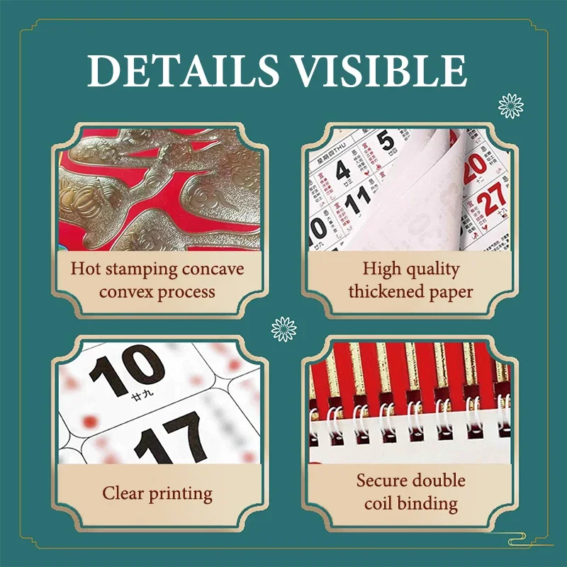 2026 Anno The Horse Calendari da parete Calendario lunare cinese con data Pagine lunari cinesi strappabili Carattere fortunato Home Office Decor