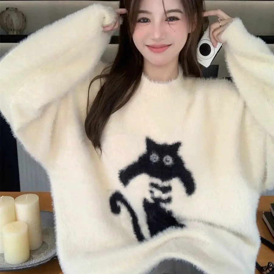 

American retro cat dog print loose sweater women plush knit long sleeve autumn winter casual