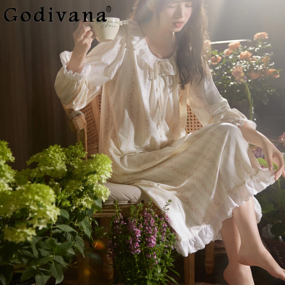 

Pajamas Women 2024 Spring and Autumn Cotton Sweet Ladies Sleepwear Sweet Princess Floral Long Nightgowns Sleepshirts