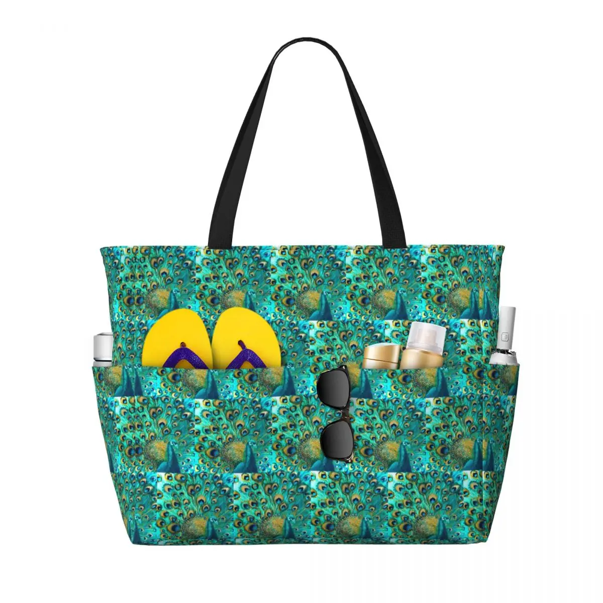 

Colourised Aqua Peacock Feathers Beach Tote Bag Sport Gym Yoga Duffle Large Tote Bag Women Travel Bag Fitness bag