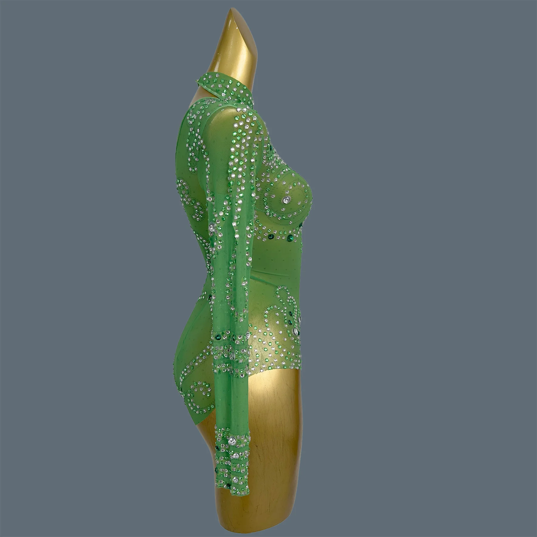 انظر من خلال بدلة الجسم الشبكية الخضراء سباركلي حجر الراين النساء ملابس الرقص فتاة الإستعراض طويلة الأكمام مثير ملهى ليلي تظهر الزي الطرف Jinse #4